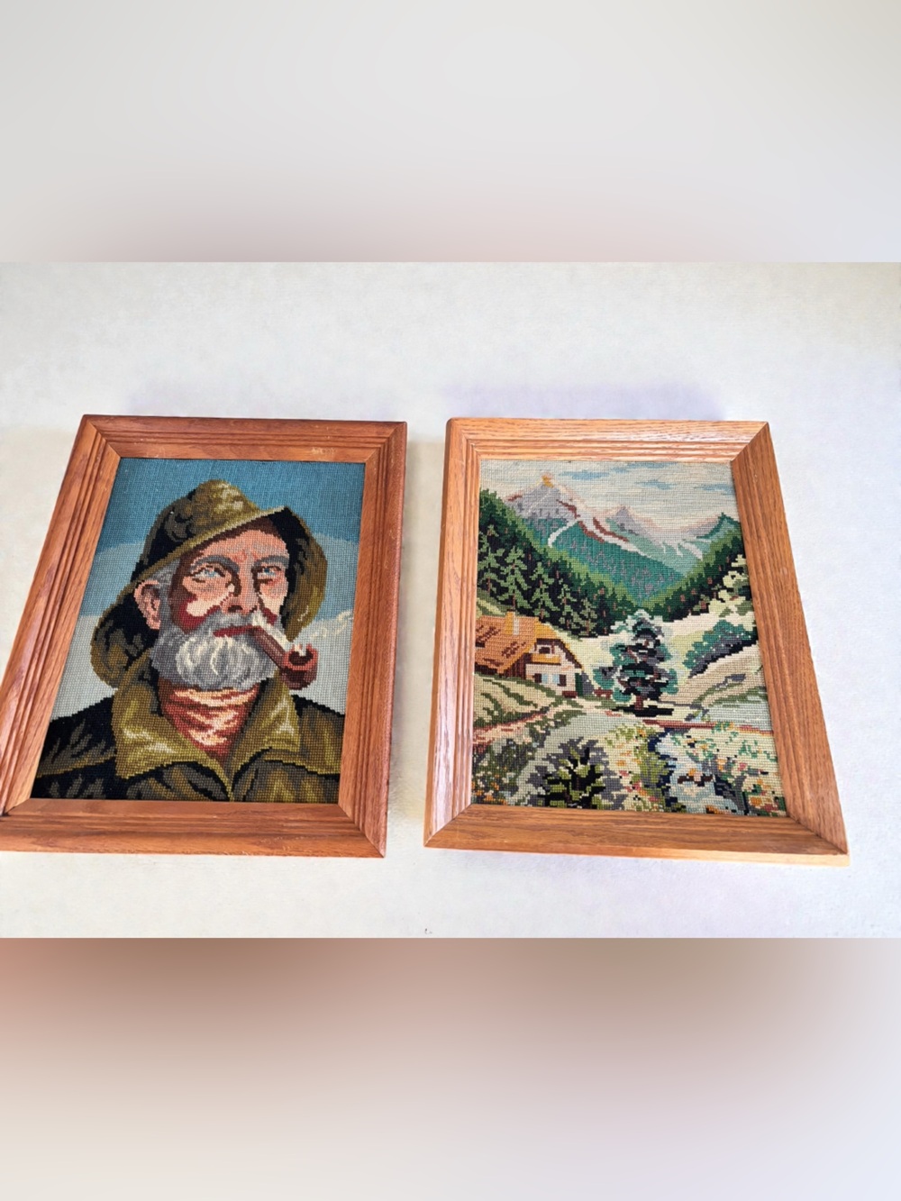 Vintage Framed Needlepoint Art Fisherman & Mountain Cottage Set